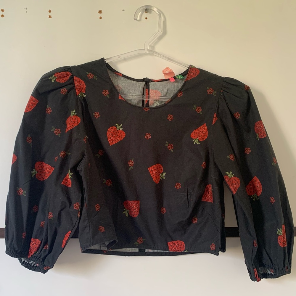 FARM Rio Made In Brazil Black Crop Top with Red Strawberry Print